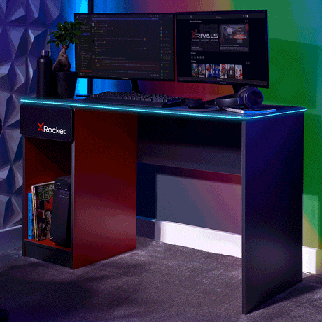 Carbon-Tek Gaming Desk with LED and Wireless Charging, Gray/Red - X Rocker