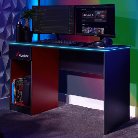 Carbon-Tek Gaming Desk with LED and Wireless Charging, Gray/Red - X Rocker