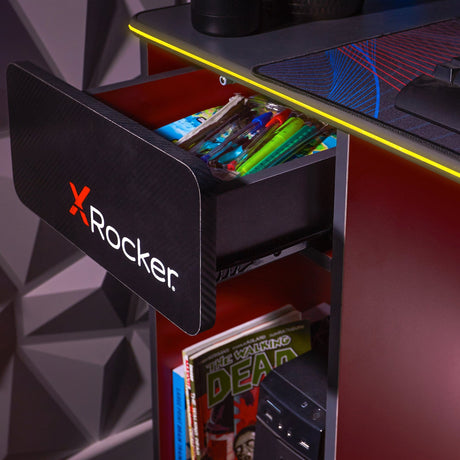 Carbon-Tek Gaming Desk with LED and Wireless Charging, Gray/Red - X Rocker